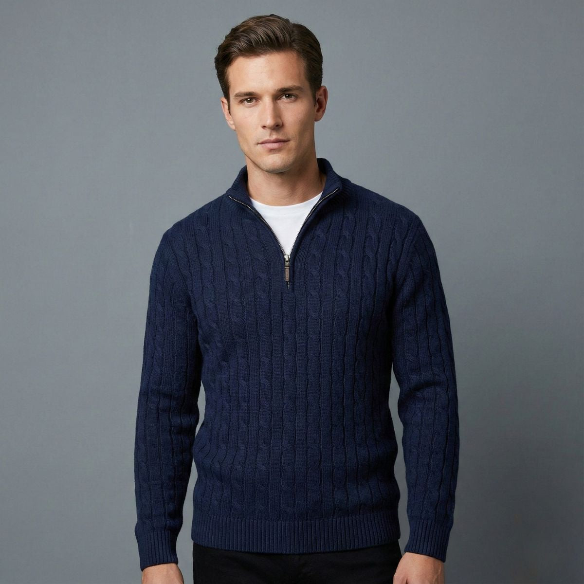 Men's Cable Knit Quarter-Zip Jumper - Winter Essential - Montare Italia