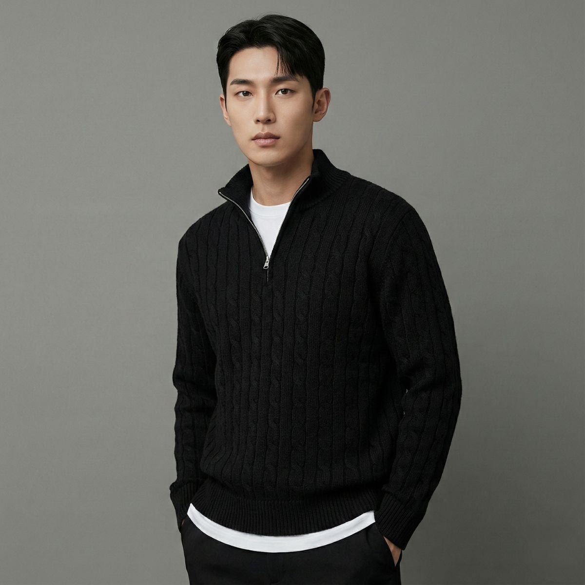 Men's Cable Knit Quarter-Zip Jumper - Winter Essential - Montare Italia